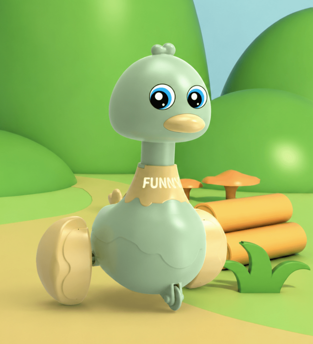 Toy duck with a yellow shirt labeled 'FUNNY' in a colorful,babies crawling and first steps encouraging toy